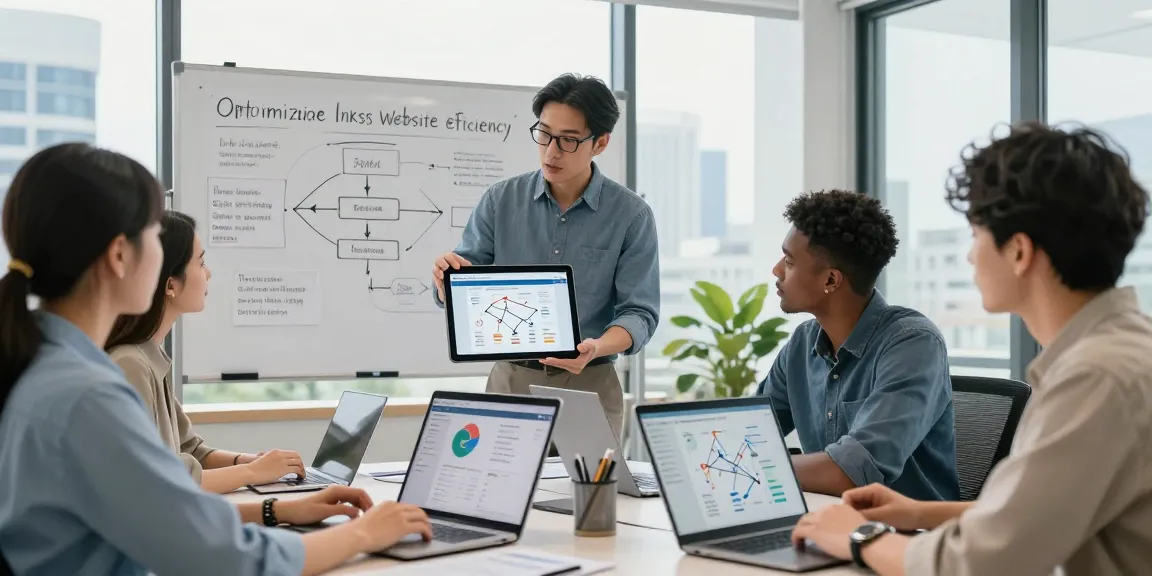 Team collaborating on Homge page links for boost strategy in a modern office.