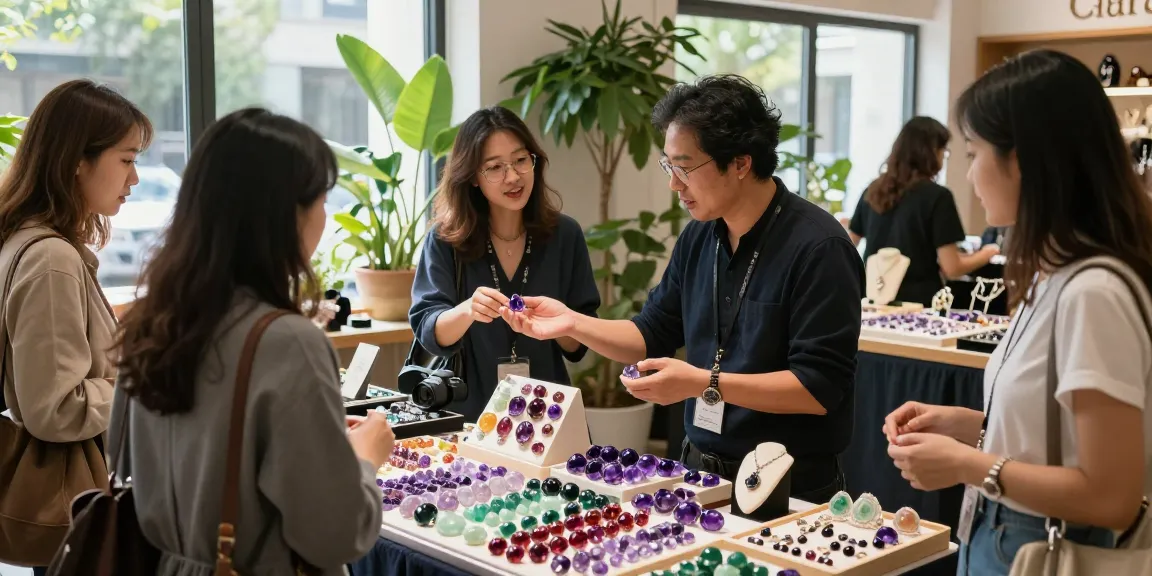 Shoppers exploring colorful gemstones at My Gem Spot marketplace, showcasing vibrant gems and interactive vendor displays.