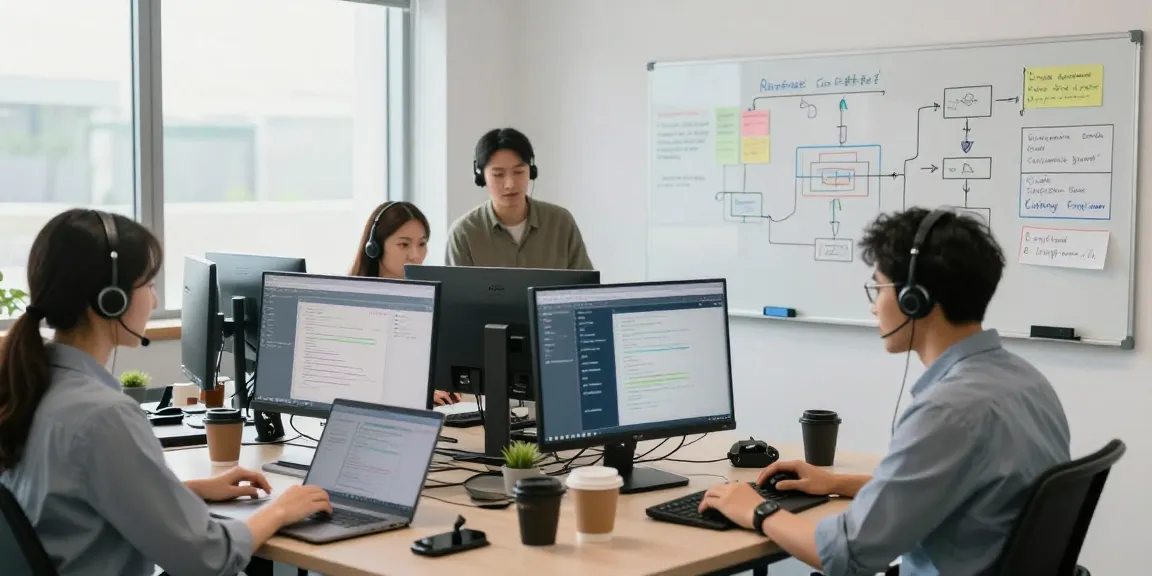 Telus-Technical-Support team in modern office troubleshooting customer issues with collaborative approach.