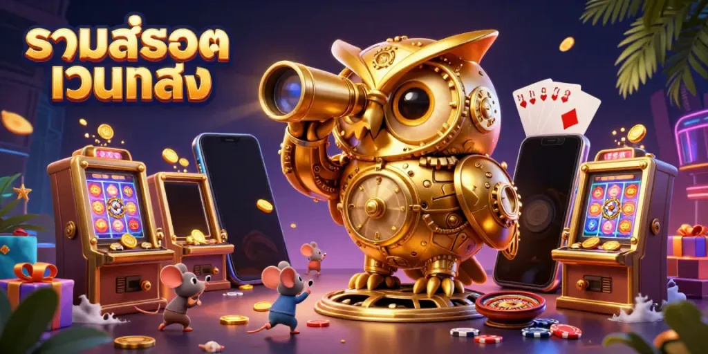 Engage in thrilling gaming action with รวมสล็อตเว็บตรง, featuring a golden owl and vibrant casino elements.