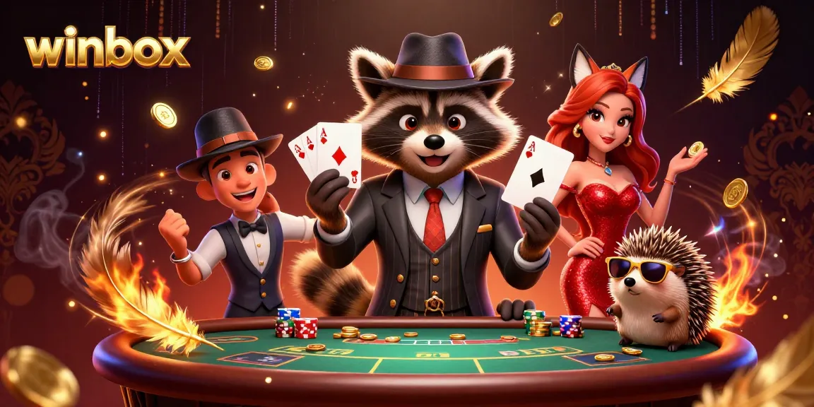 winbox features a dynamic casino scene with a raccoon, fox, and hedgehog in action.