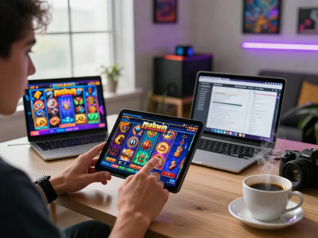 Engaging with slot gacor maxwin titles on mobile device, vibrant gaming setup