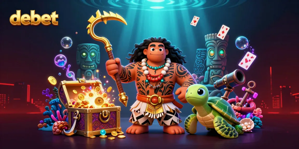 Engage with debet in a vibrant 3D casino scene featuring a demigod, turtle, and treasure.