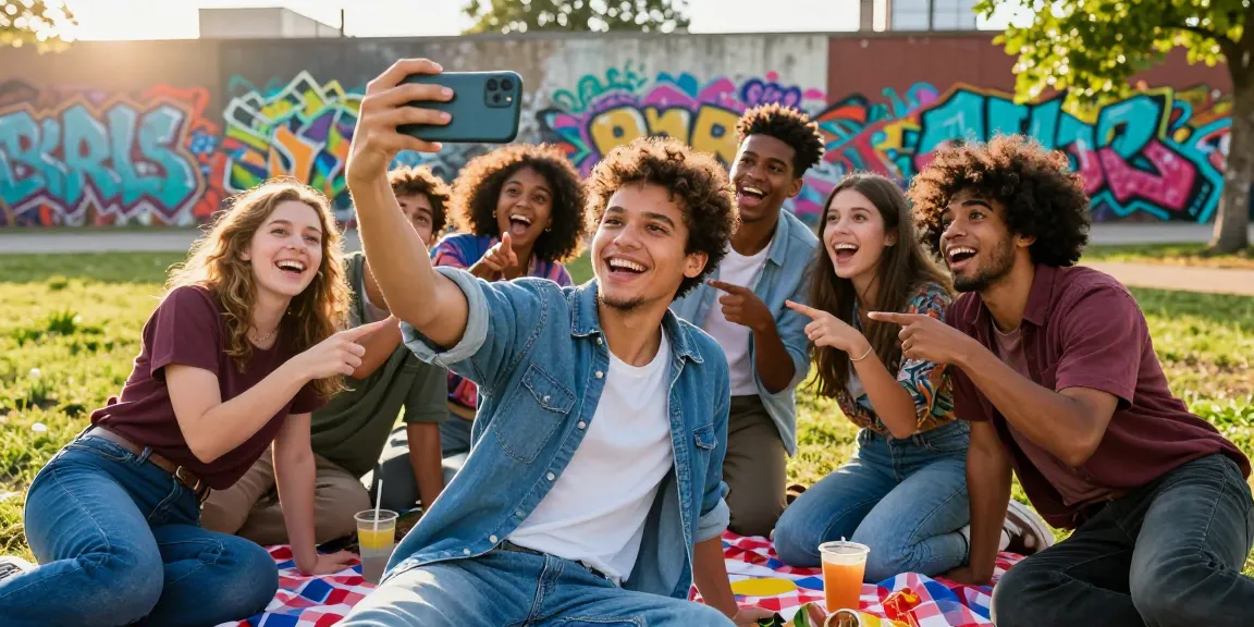 Group of friends joyfully discovering look alikes of famous people while taking a selfie in a vibrant urban park.