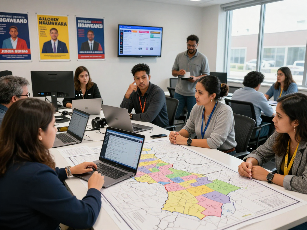 Political campaign team collaborating on candidate reputation management with voter data analysis.