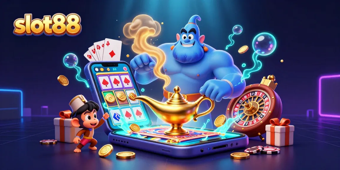 Experience the excitement of slot88 with the genie, monkey, and casino elements in an engaging digital scene.