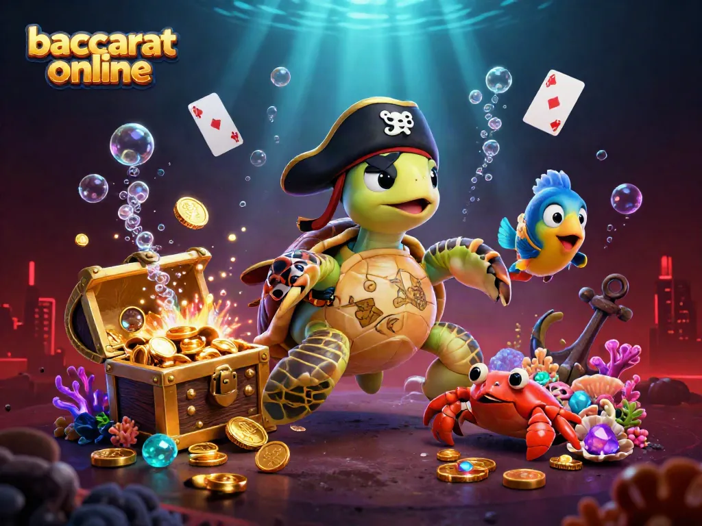 Play baccarat online with vibrant underwater characters and sparkling treasures in a fun casino-themed scene.