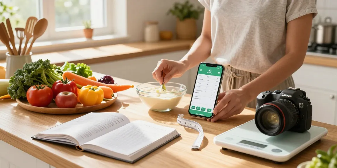 Using the best food tracking apps for healthy meal preparation in a bright kitchen.