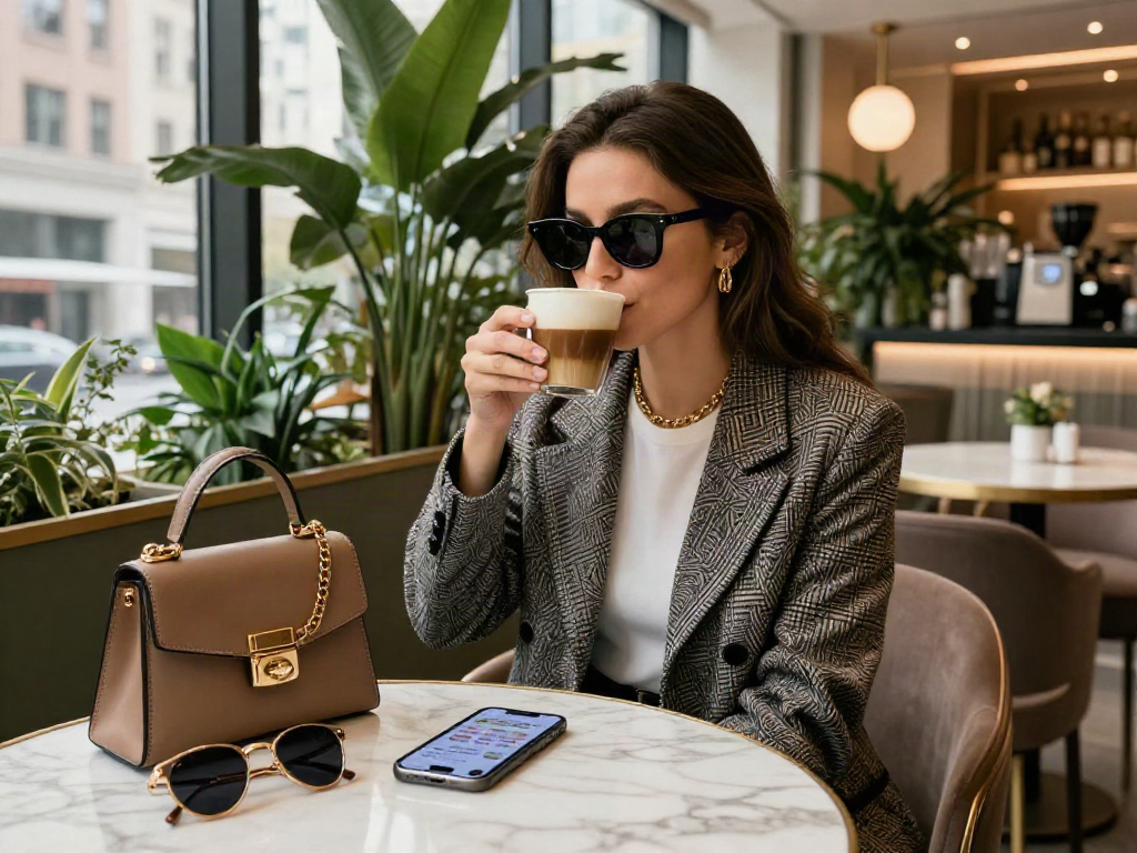 Gaya hidup mewah luxury111 di kafe urban dengan individu menikmati kopi artisanal.