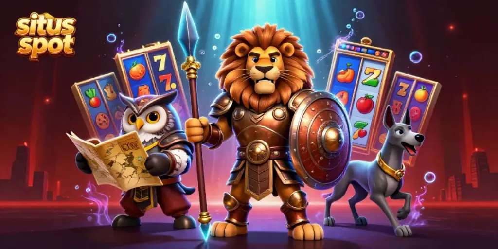 Experience the excitement of situs slot with a Spartan lion, owl strategist, and greyhound in a vibrant casino scene.