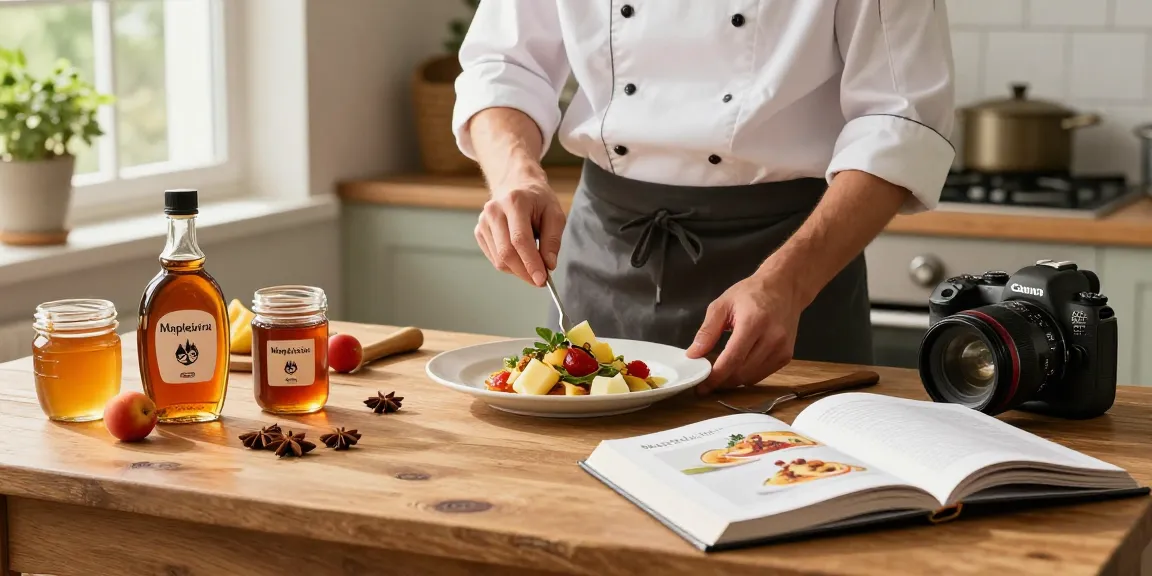 Chef using Maplelixir in a beautiful kitchen filled with fresh ingredients and warm light.