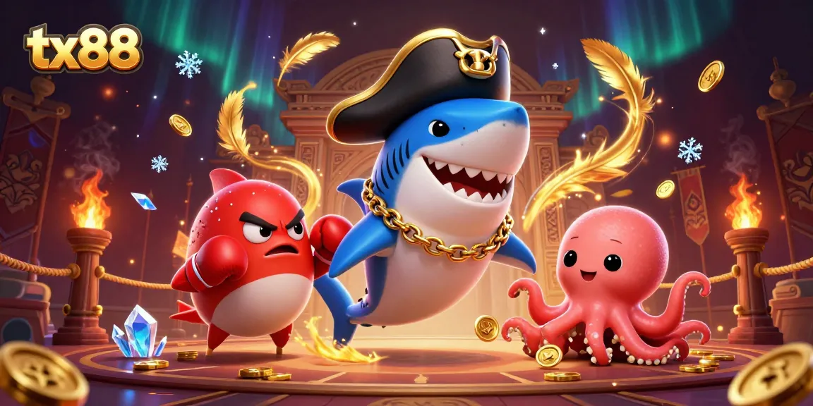 Experience thrilling gameplay with tx88 as a pirate-themed 3D illustrated scene filled with fun characters.