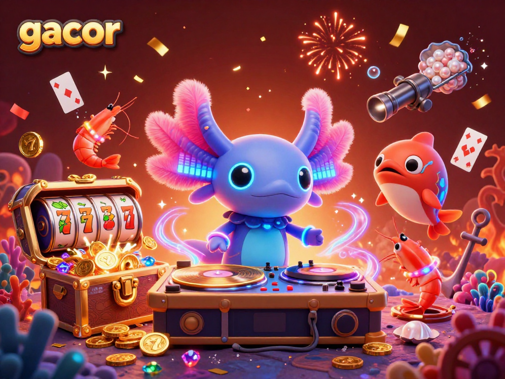 Berpartisipasi dalam permainan gacor dengan kartun neon axolotl DJ dan harta karun bawah laut.