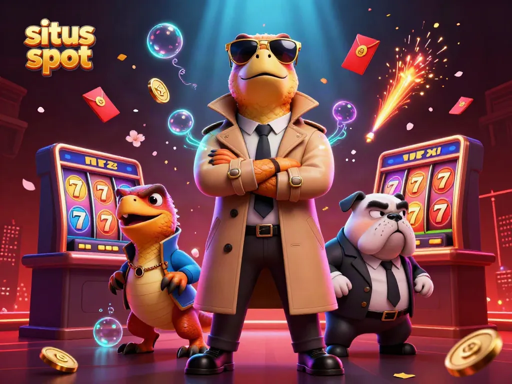 Three raptors in a trench coat trying to enter a VIP casino lounge, emphasizing situs slot gaming elements.