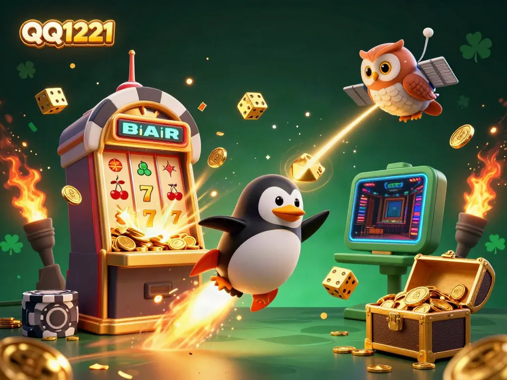 Experience the thrill of QQ1221 with a golden penguin flying through a casino-themed space, surrounded by jackpot symbols and confetti.