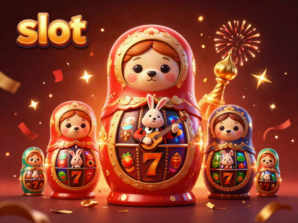 Menyaksikan slot yang penuh keseruan dengan boneka Matryoshka beruang dan simbol beruntun di kasino.