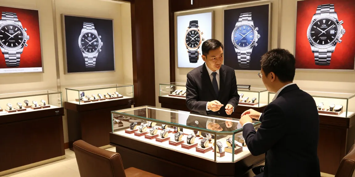 Explore premium replica watches in an elegant luxury store setting with knowledgeable sales assistance.