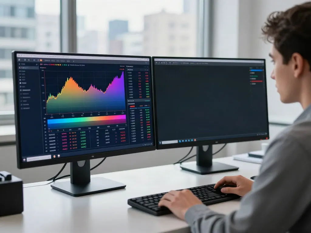 Trader using TradingView platform for financial analysis in a modern office.