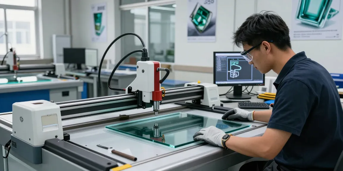 Technician using a glass cutting table in a modern workshop with advanced cutting technology.