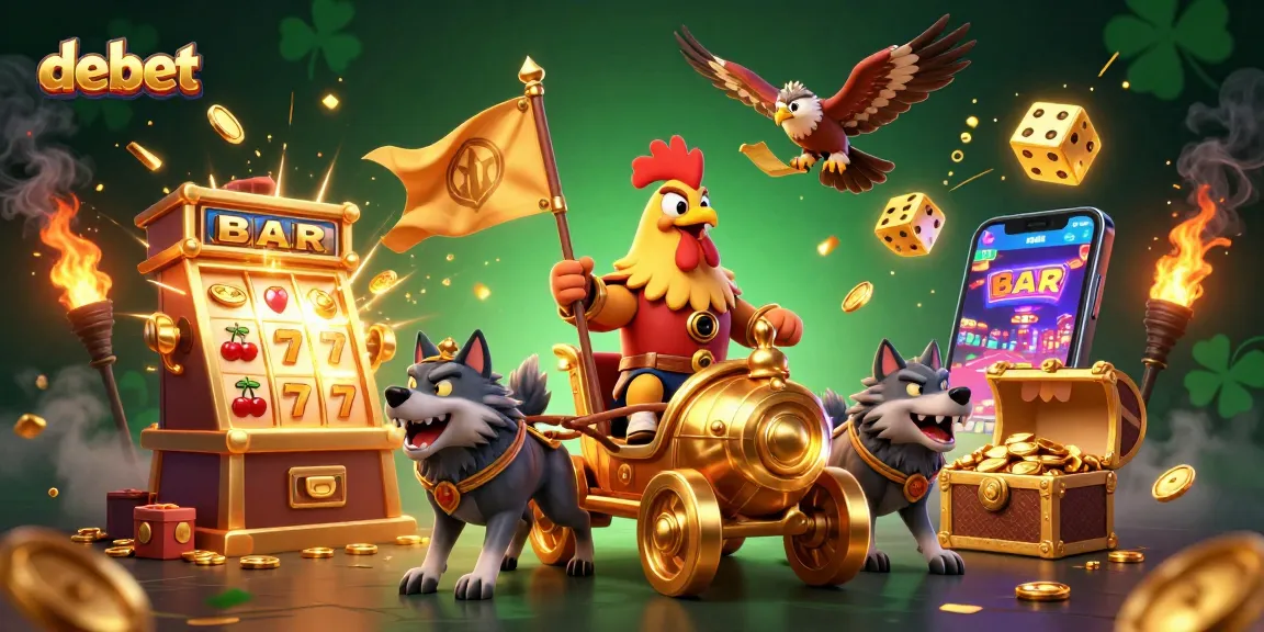 Experience debet excitement with a dynamic 3D casino illustration featuring a rooster warlord and jackpot elements.