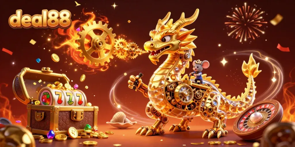 Experience the thrill of deal88 with a vibrant 3D illustration featuring a golden dragon and immersive casino elements.