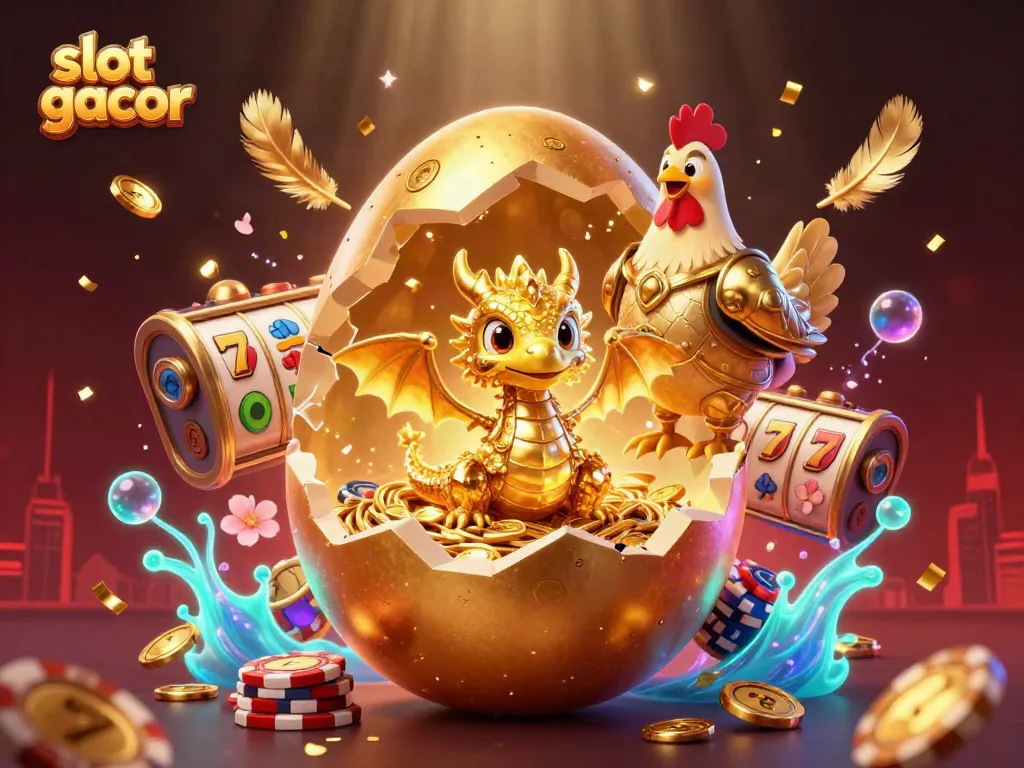 Spin the reels of slot gacor with golden dragon magic amidst poker chips and sparkling elements.