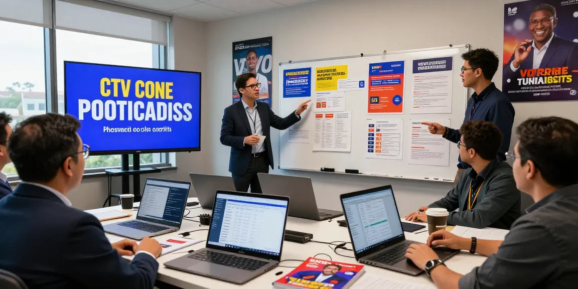 Strategizing campaign team reviewing CTV political advertising cost with data analytics in a modern office.