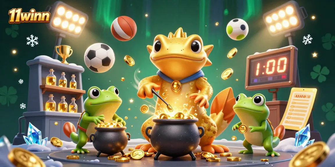 11winn showcases a vibrant 3D cartoon scene of an alchemist and assistants crafting gold in a dynamic gaming environment.