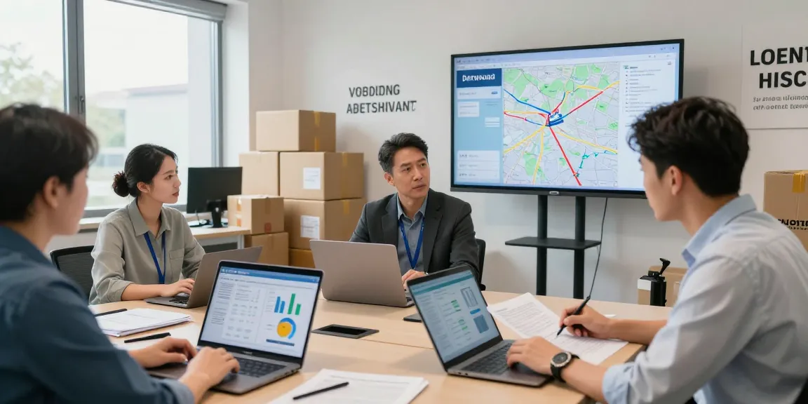Zollabfertigung Dortmund in modernem Büro mit Team, das Transportdokumente bespricht und Strategien entwickelt.