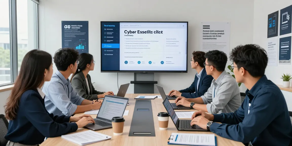 Collaborative team discussing cyber essentials requirements in a modern office setting.