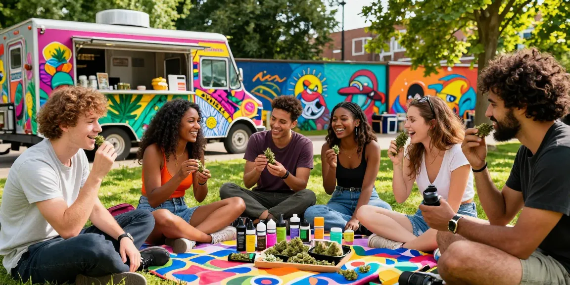 Where Can People Buy Top Quality Weed In The UK In 2026? Friends enjoying cannabis in a vibrant park atmosphere.