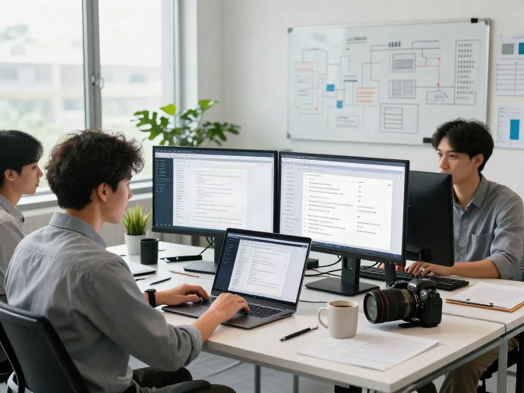 Software engineer collaborating on document fraud detection software development in an innovative workspace.
