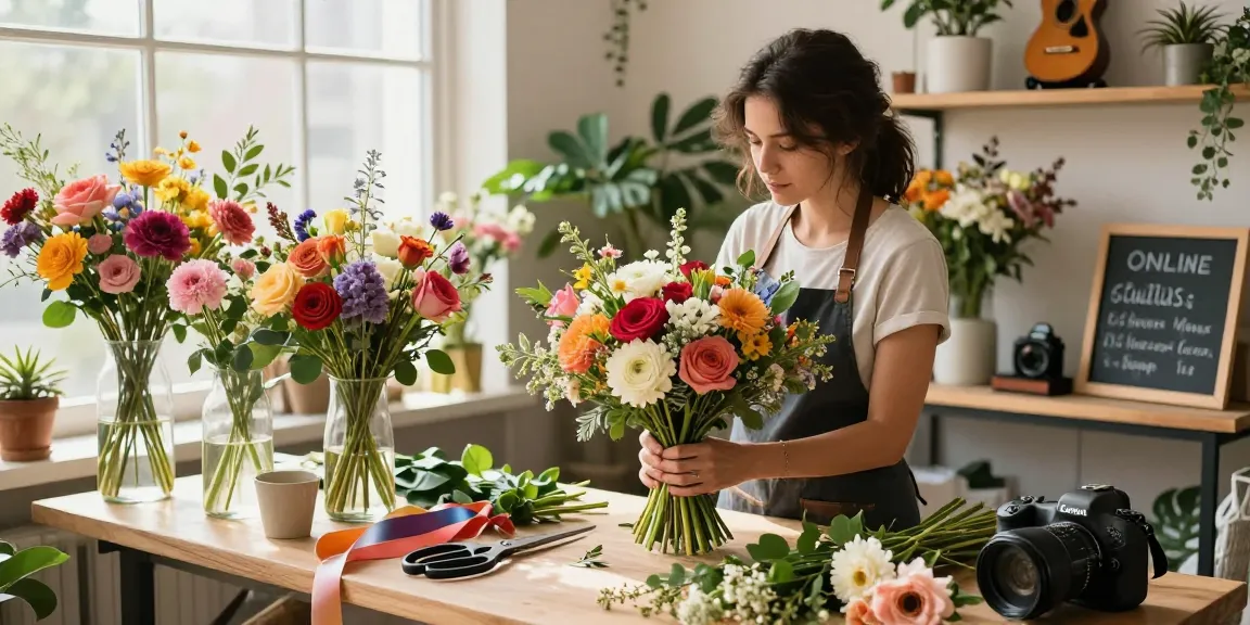 Florist creating a beautiful bouquet in a bright studio, showcasing MODALWD flowers and floral arrangement supplies with natural light.