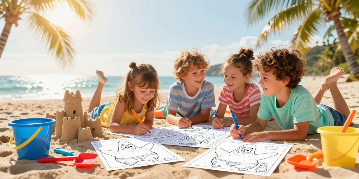 Children enjoying seasonal coloring pages with Patrick Star at the beach, surrounded by toys and vibrant sunlight.