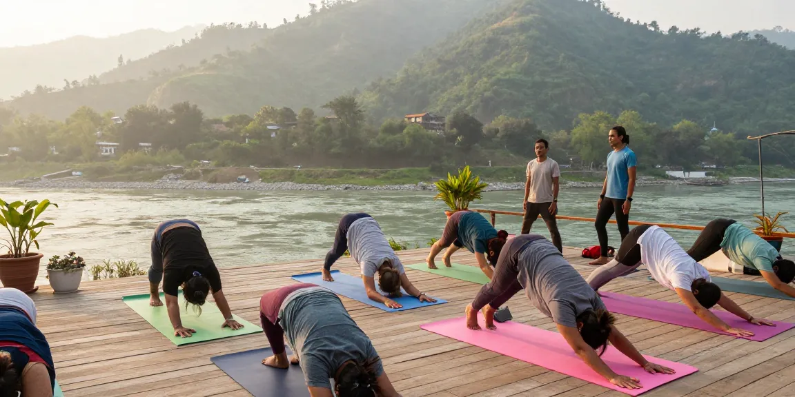Best Yoga teacher training course in rishikesh with practitioners yoga by the Ganges River during sunrise, enhancing mindfulness and tranquility.