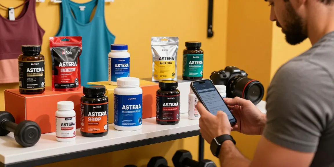 Shopper exploring Astera Shop's lab-tested steroid products in a vibrant setting.