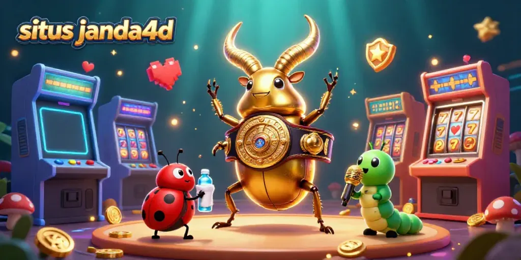 Gambaran situs janda4d dengan karakter kartun dan mesin slot penuh warna.