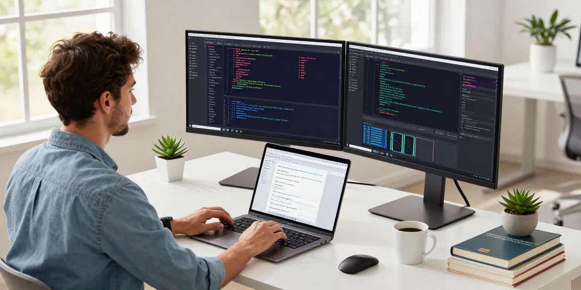 Developer workspace at teiegramin.com with monitors displaying code in a modern tech office.