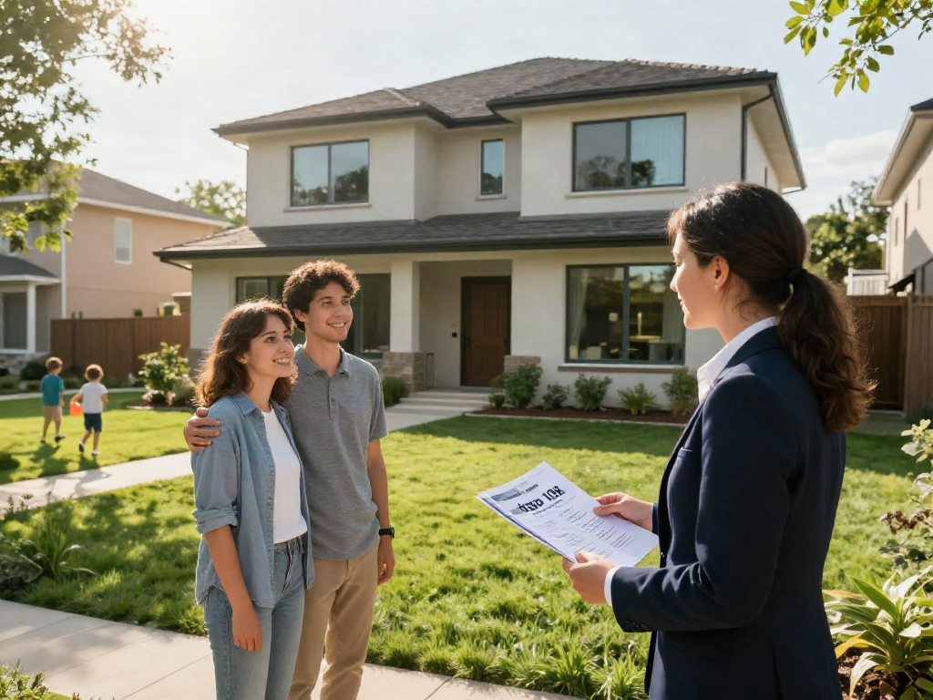 Real estate agent presenting modern home with depo 10k details, inviting atmosphere.