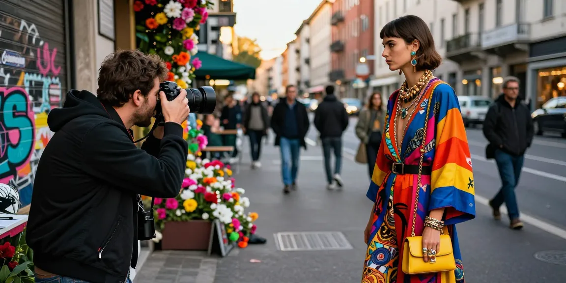 Photographe de mode à Milan en action, capturant un modèle dans un cadre urbain coloré.