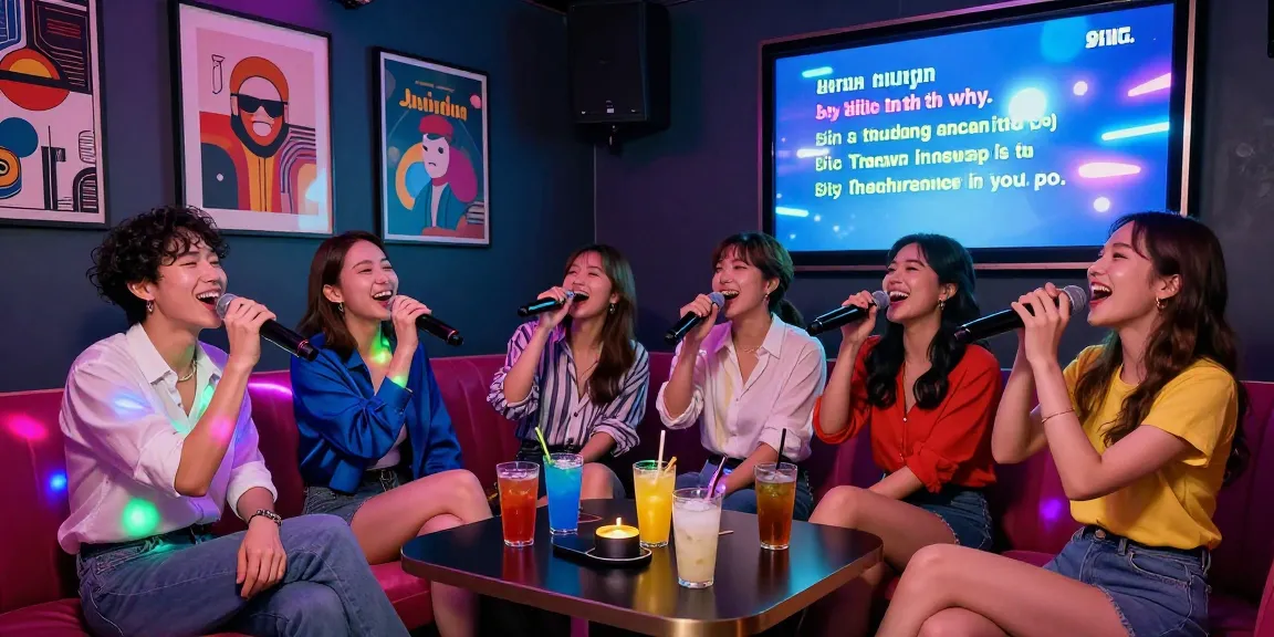 Karaoke group enjoying 강남노래방 with colorful lights and drinks