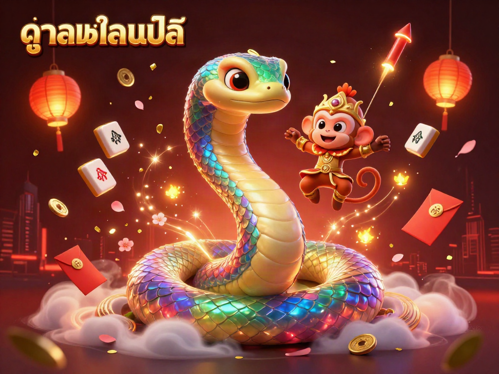 A vibrant illustration showcasing ดูบอลออนไลน์ with a swirling rainbow serpent and a playful monkey king amidst dazzling gaming elements.