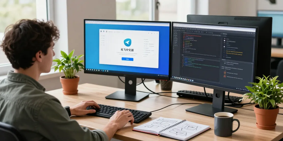 Developer working on 纸飞机中文版 app in modern tech workspace with dual monitors and natural light.