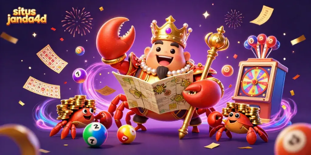 Menang besar di situs janda4d dengan ilustrasi kaisar kepiting emas yang dikelilingi elemen permainan.