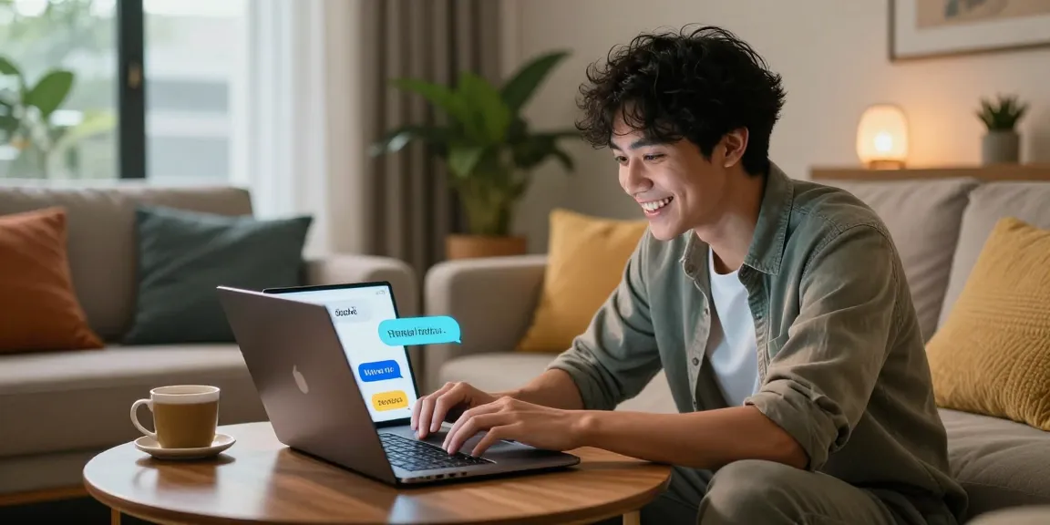 Engaging user enjoying spicy chat conversations with AI chatbot in a cozy living room.