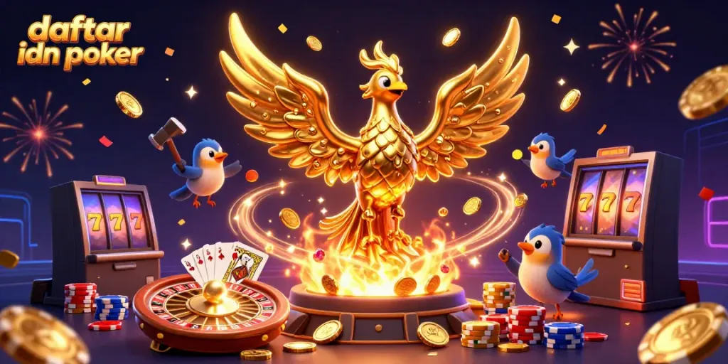 Experience the excitement of daftar idn poker with a molten golden phoenix, coins, and casino elements.
