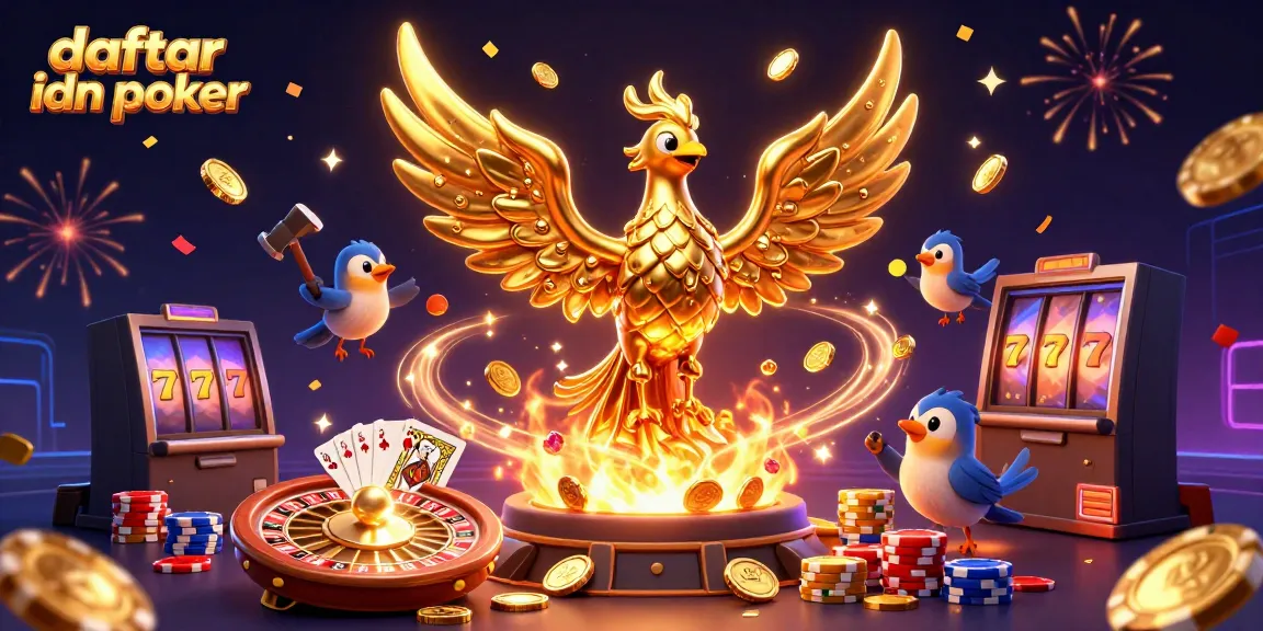 Experience the excitement of daftar idn poker with a molten golden phoenix, coins, and casino elements.