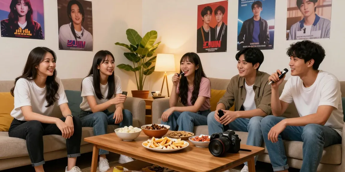 Diverse group enjoying Asian pop culture content on https://hanadultalk.com in a cozy living room with snacks and decor.