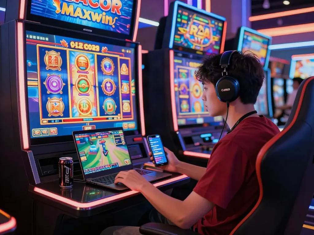 Immersive online gaming environment featuring slot gacor maxwin gameplay, showcasing an excited player and vibrant digital elements.