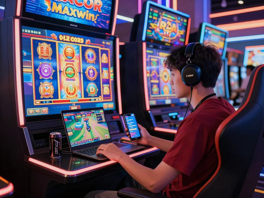 Immersive online gaming environment featuring slot gacor maxwin gameplay, showcasing an excited player and vibrant digital elements.